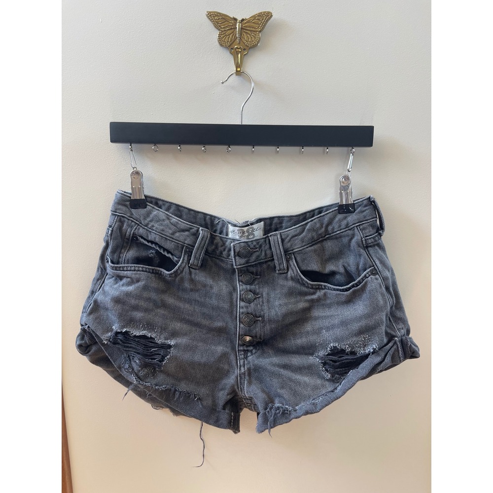Free People We The Free Washed Black Distressed Button Fly Denim Shorts Size 28